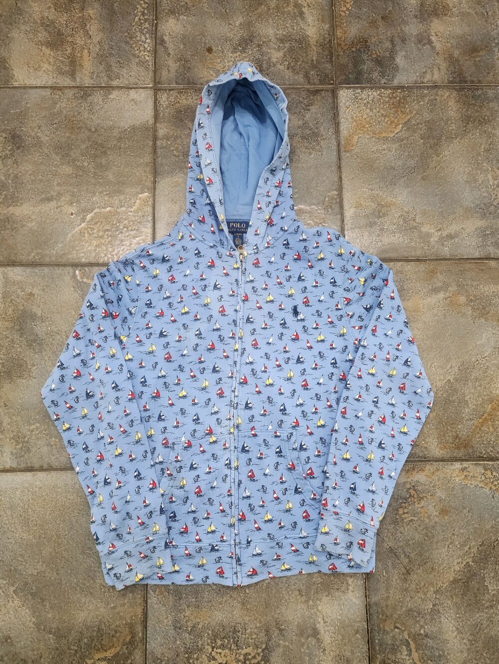 Polo Ralph Lauren Boy's Large 14-16 Sailboat Spa Terry AOP Full Zip Hoodie